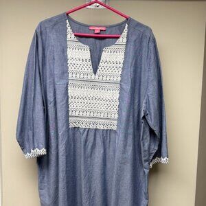 Women's 100% cotton Blue chambray/white embroidered tunic 1X by Woman Within
